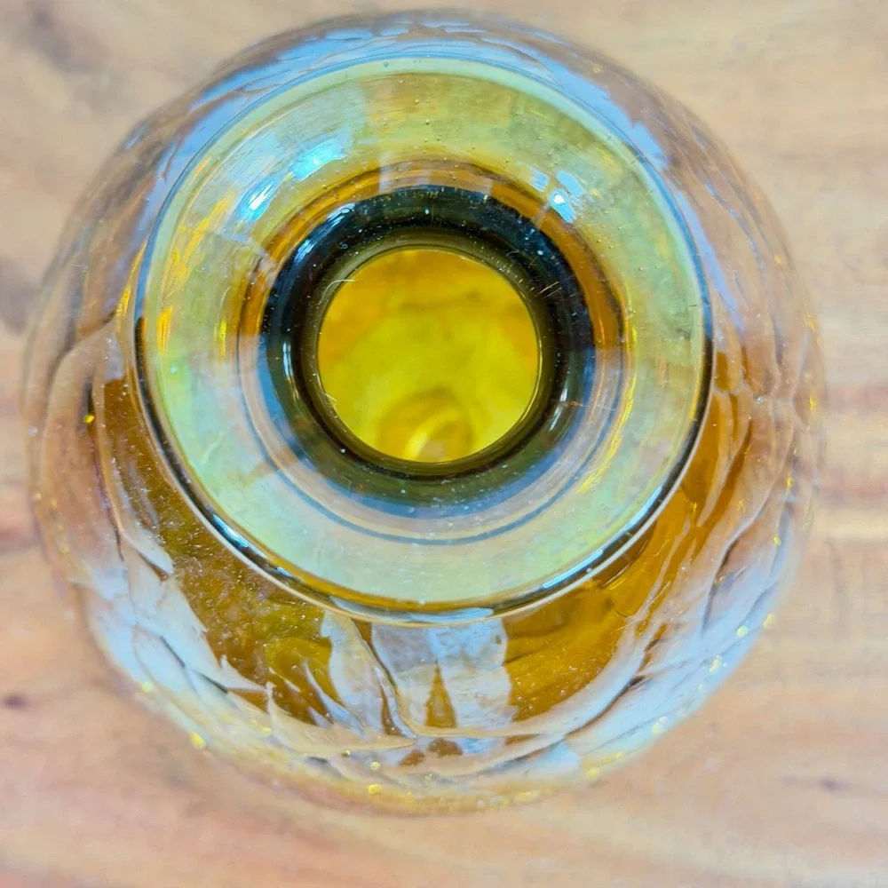 Vintage Amber Crackle Glass Vase Iridescent Hand Blown Round Bulbous Deco Vessel